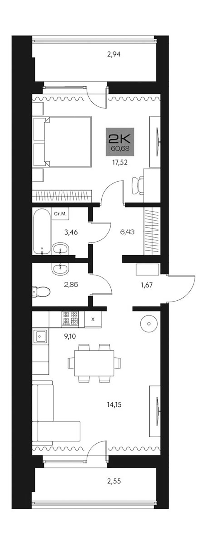Планировка 2е-к.кв 55.19 м² в ЖК «Параграф. Томск»