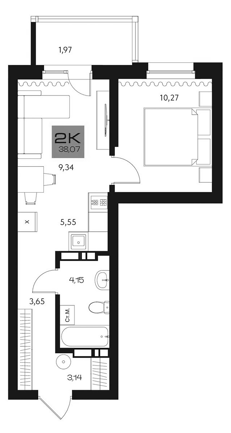 Планировка 2е-к. квартира 36.10 м² в ЖК «Параграф. Томск»