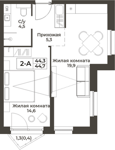 Планировка 2е-к.кв 44.30 м² в ЖК «RIZALTA РЕЗОРТ БЕЛОКУРИХА»