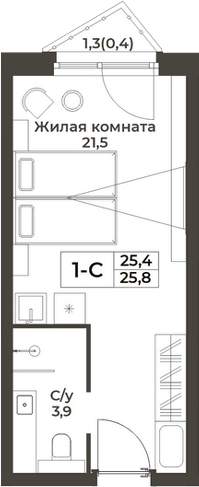 Планировка студии 25.40 м² в ЖК «RIZALTA РЕЗОРТ БЕЛОКУРИХА»
