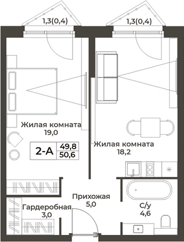 Планировка 2е-к.кв 49.80 м² в ЖК «RIZALTA РЕЗОРТ БЕЛОКУРИХА»