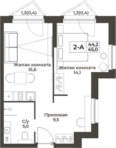 Планировка 2е-к.кв 44.20 м² в ЖК «RIZALTA РЕЗОРТ БЕЛОКУРИХА»