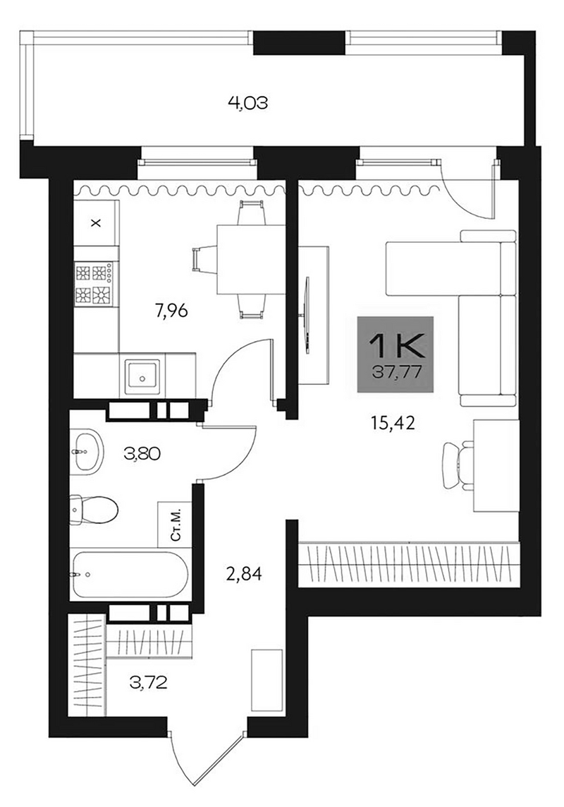 Планировка 1-к. квартира 33.74 м² в ЖК «Параграф. Томск»