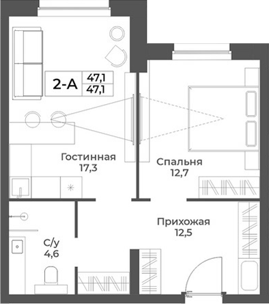 Планировка 2е-к.кв 47.10 м² в ЖК «RIZALTA РЕЗОРТ БЕЛОКУРИХА»