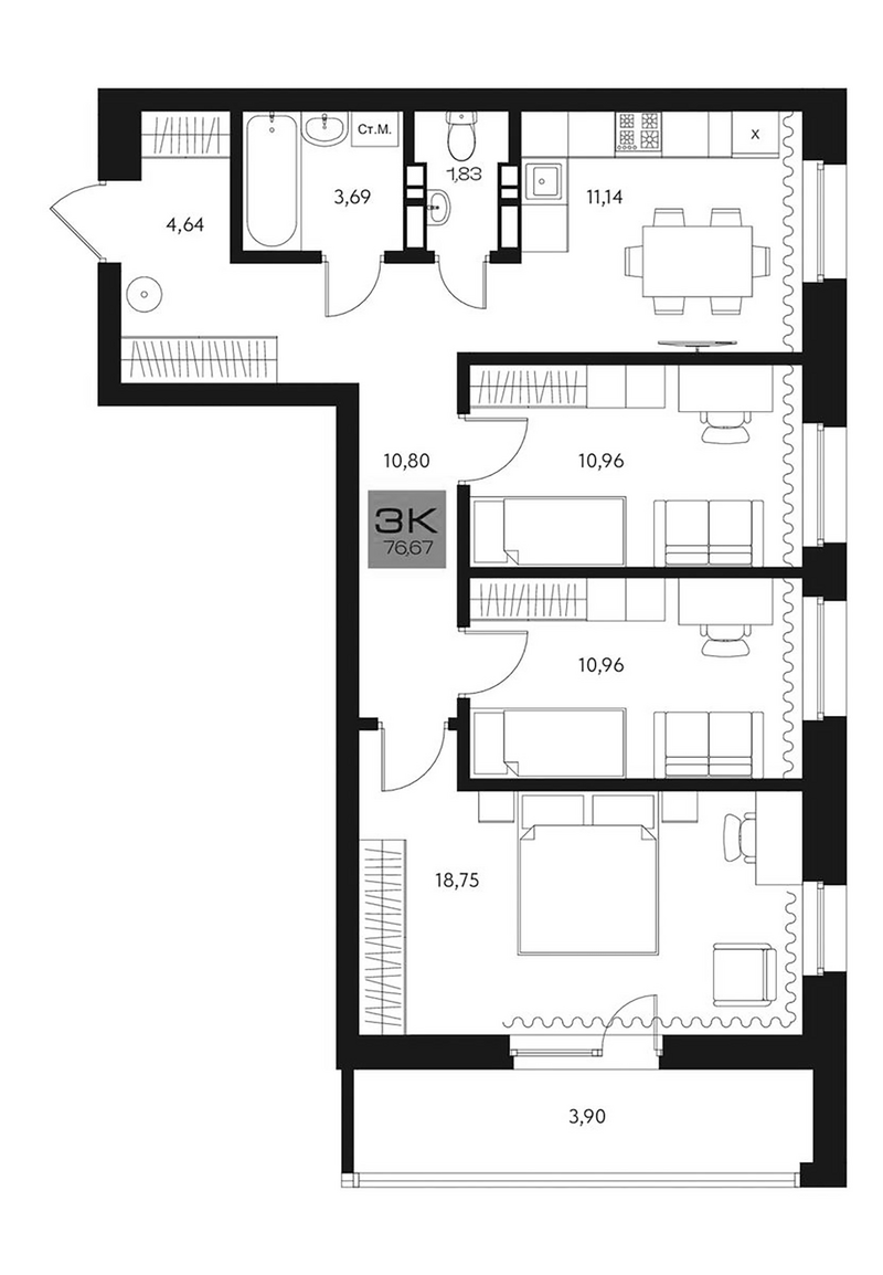 Планировка 3-к. квартира 72.77 м² в ЖК «Параграф. Томск»