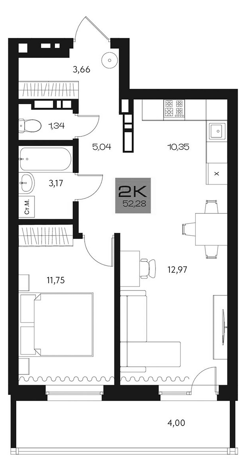 Планировка 2е-к. квартира 48.28 м² в ЖК «Параграф. Томск»