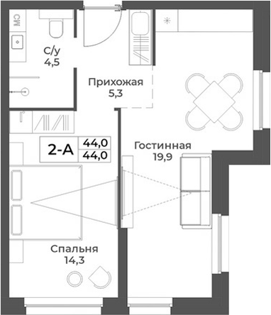 Планировка 2е-к.кв 44.00 м² в ЖК «RIZALTA РЕЗОРТ БЕЛОКУРИХА»