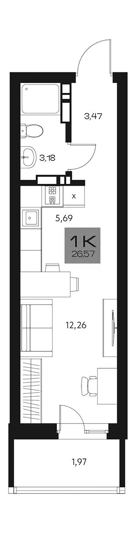 Планировка студии 24.60 м² в ЖК «Параграф. Томск»