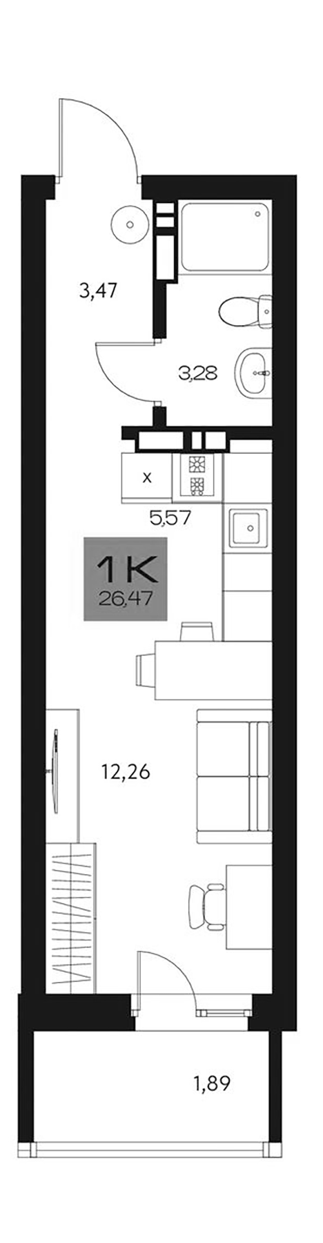 Планировка студии 24.58 м² в ЖК «Параграф. Томск»