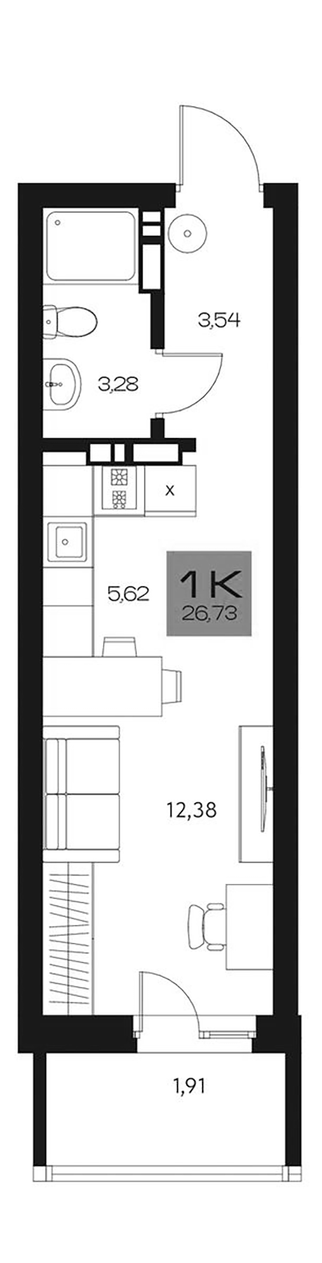 Планировка студии 24.82 м² в ЖК «Параграф. Томск»