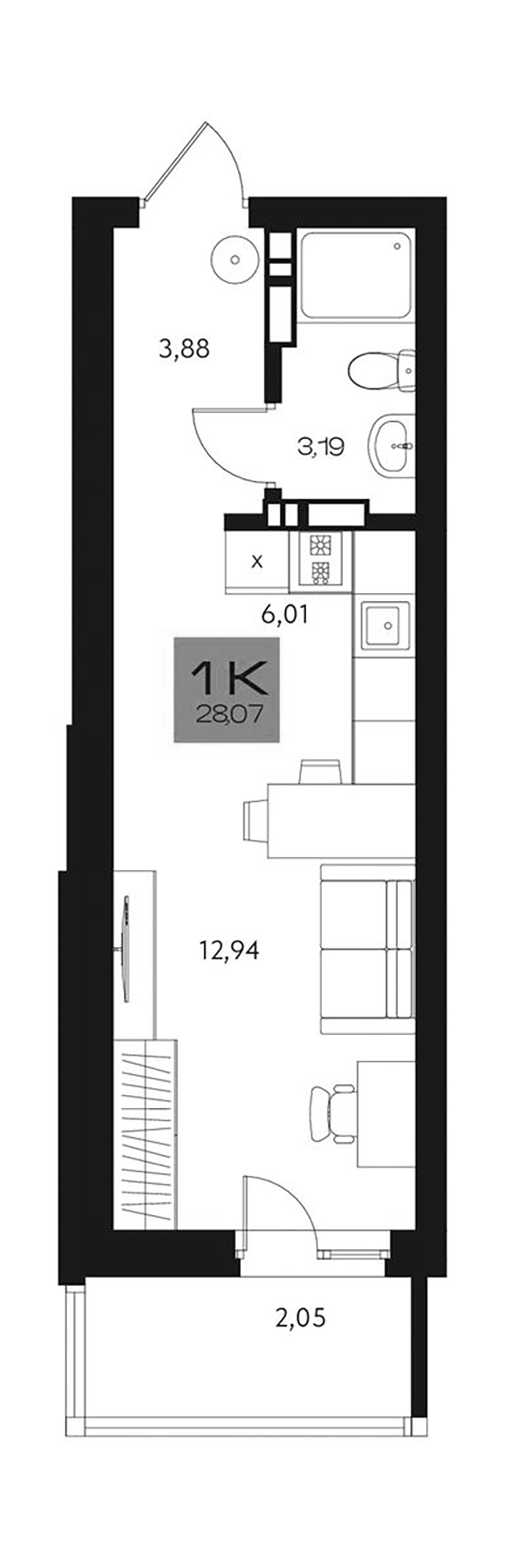 Планировка студии 26.02 м² в ЖК «Параграф. Томск»