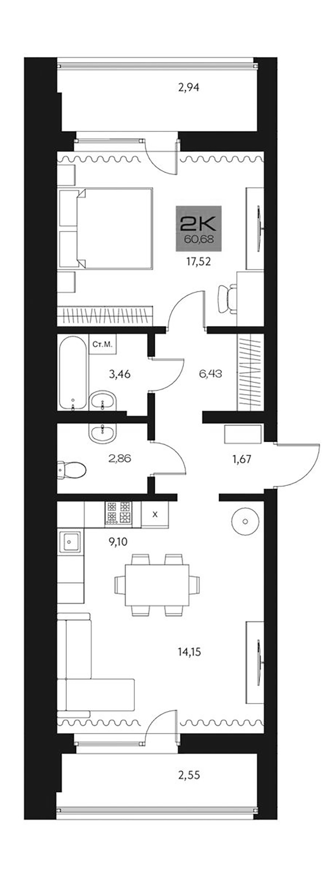 Планировка 2е-к. квартира 55.19 м² в ЖК «Параграф. Томск»
