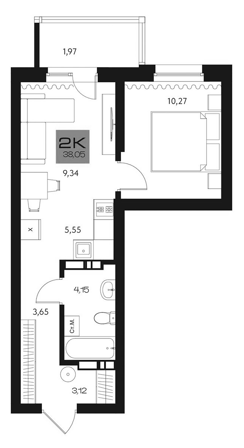 Планировка 2е-к. квартира 36.08 м² в ЖК «Параграф. Томск»