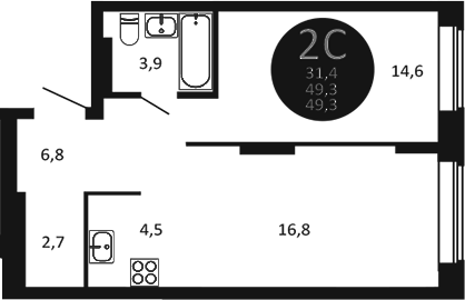 Планировка 2е-к. квартира 49.30 м² в ЖК «Первый на Есенина»