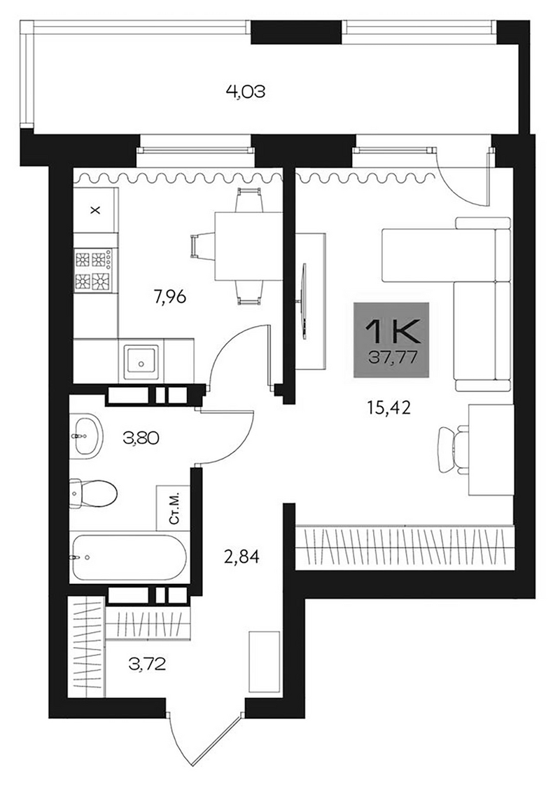 Планировка 1-к. квартира 33.74 м² в ЖК «Параграф. Томск»