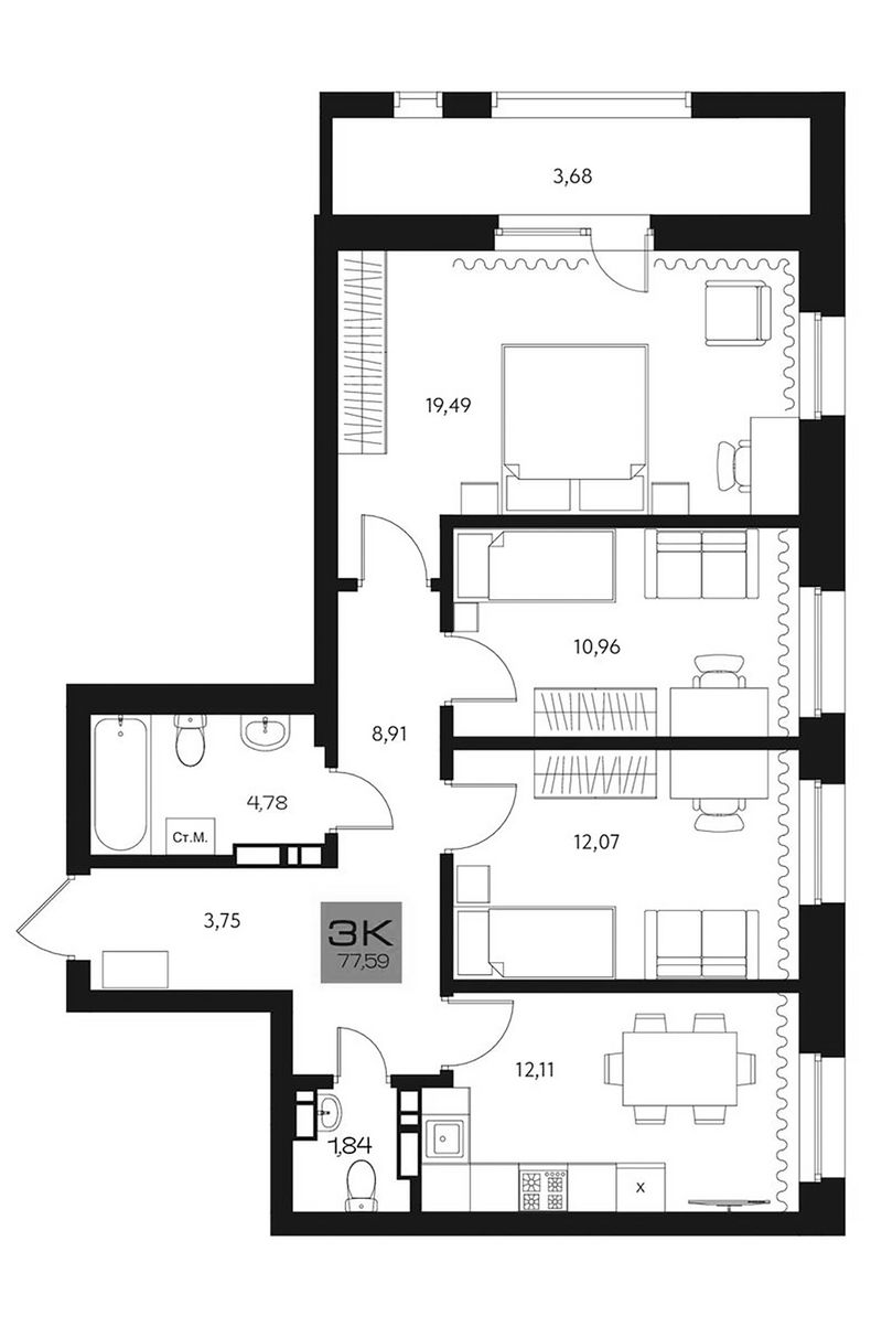 Планировка 3-к. квартира 73.91 м² в ЖК «Параграф. Томск»