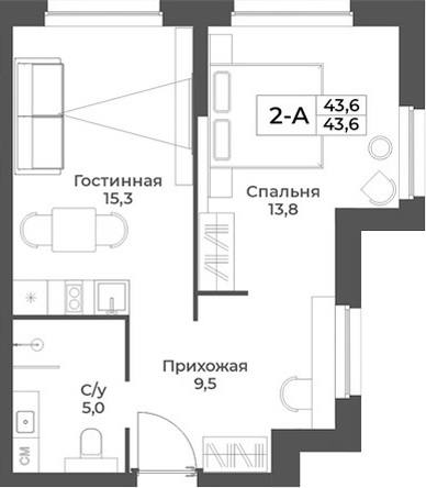 Планировка 2е-к.кв 43.60 м² в ЖК «RIZALTA РЕЗОРТ БЕЛОКУРИХА»