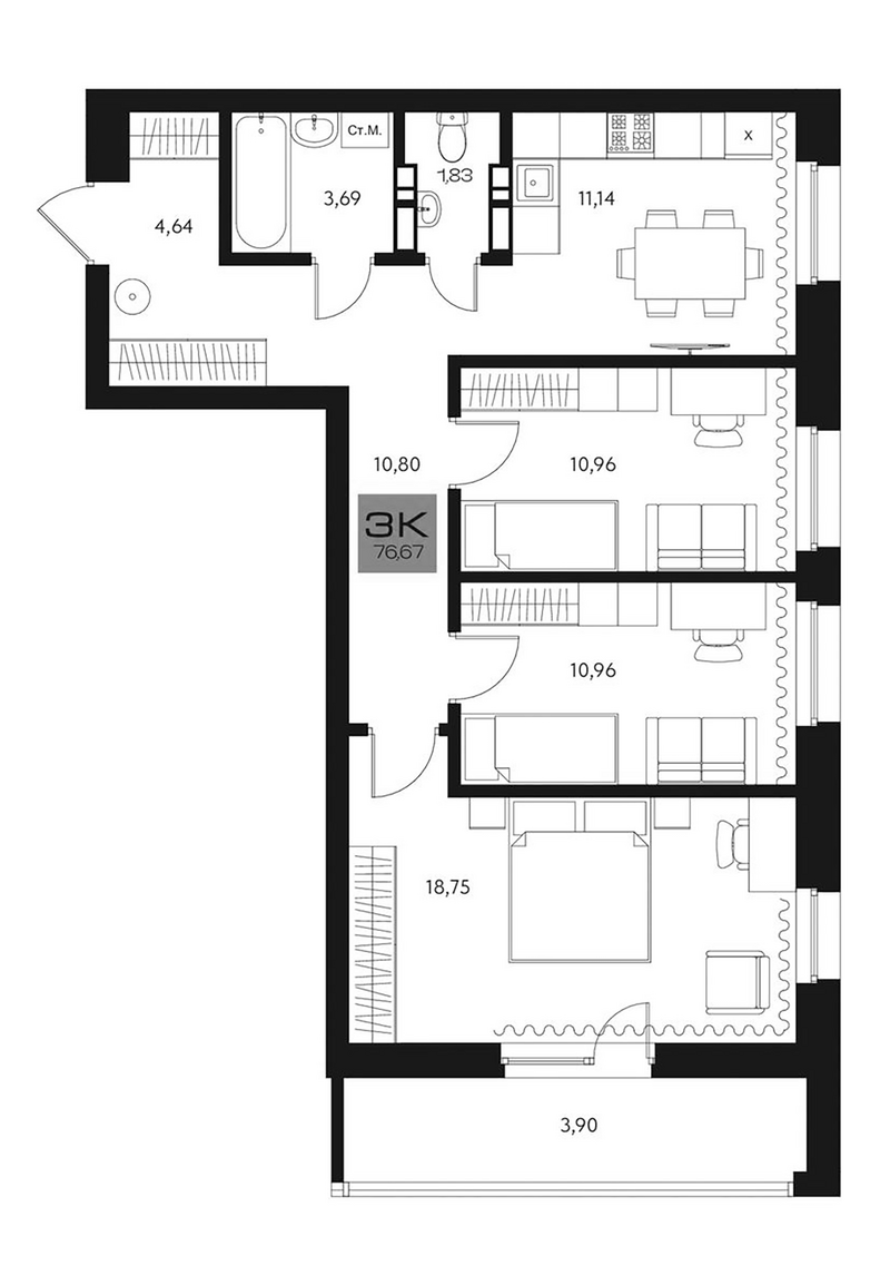 Планировка 3-к.кв 72.77 м² в ЖК «Параграф. Томск»
