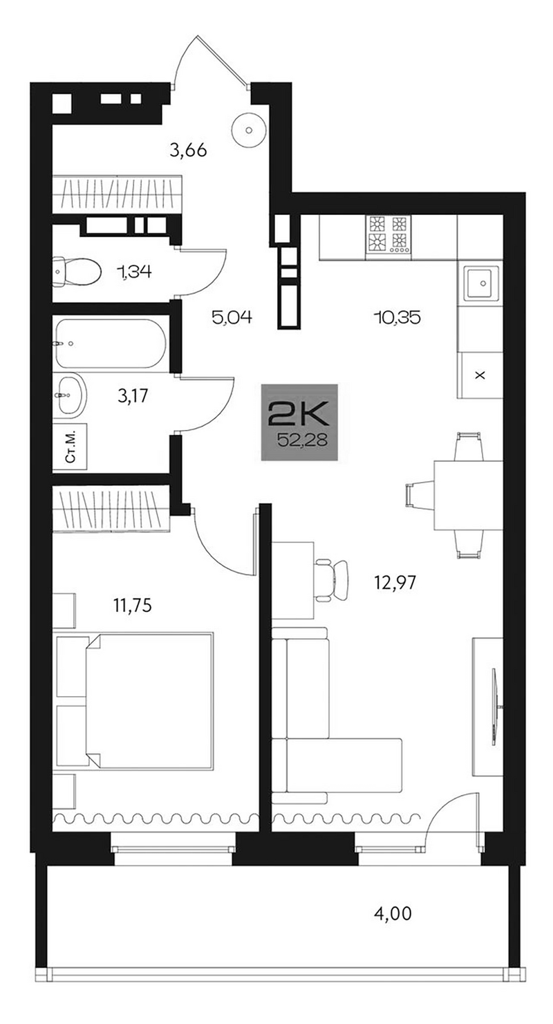 Планировка 2е-к.кв 48.28 м² в ЖК «Параграф. Томск»