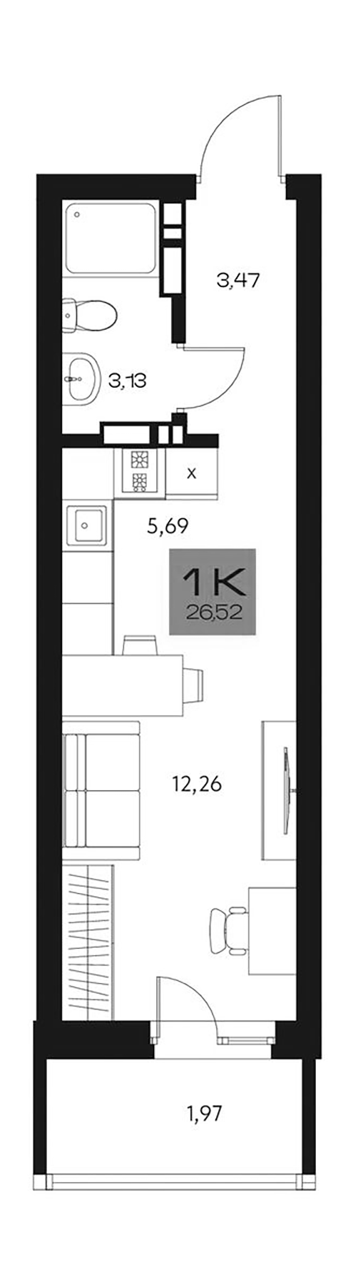 Планировка студии 24.55 м² в ЖК «Параграф. Томск»