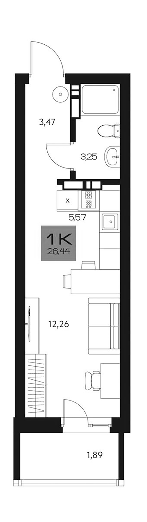 Планировка студия 24.55 м² в ЖК «Параграф. Томск»