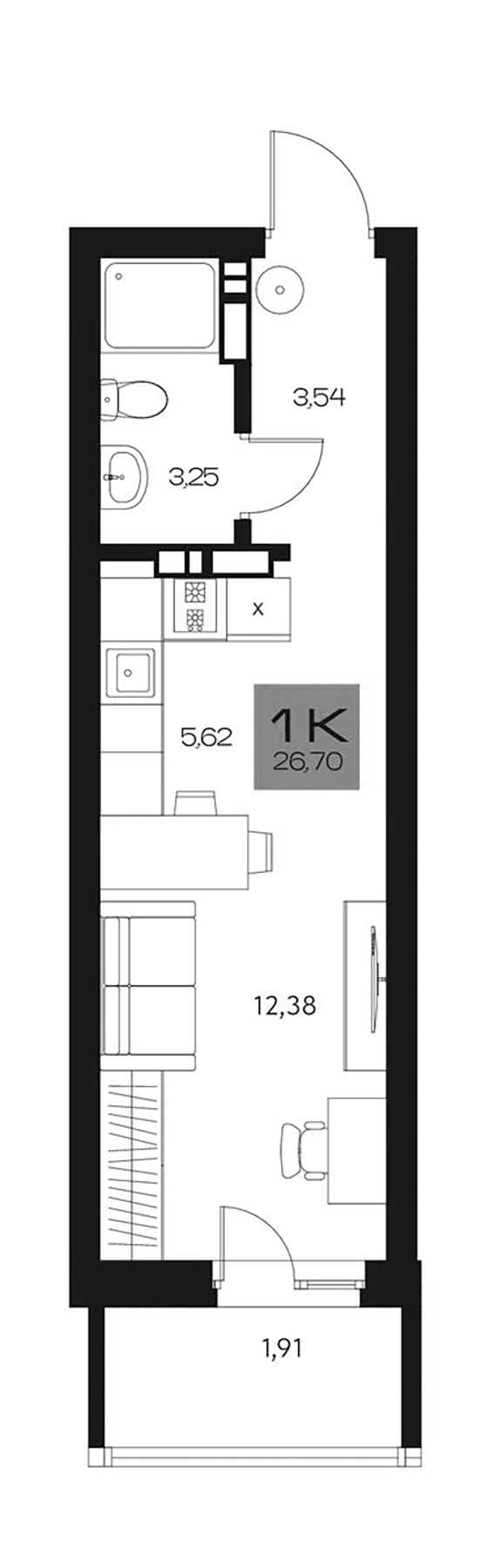 Планировка студии 24.79 м² в ЖК «Параграф. Томск»