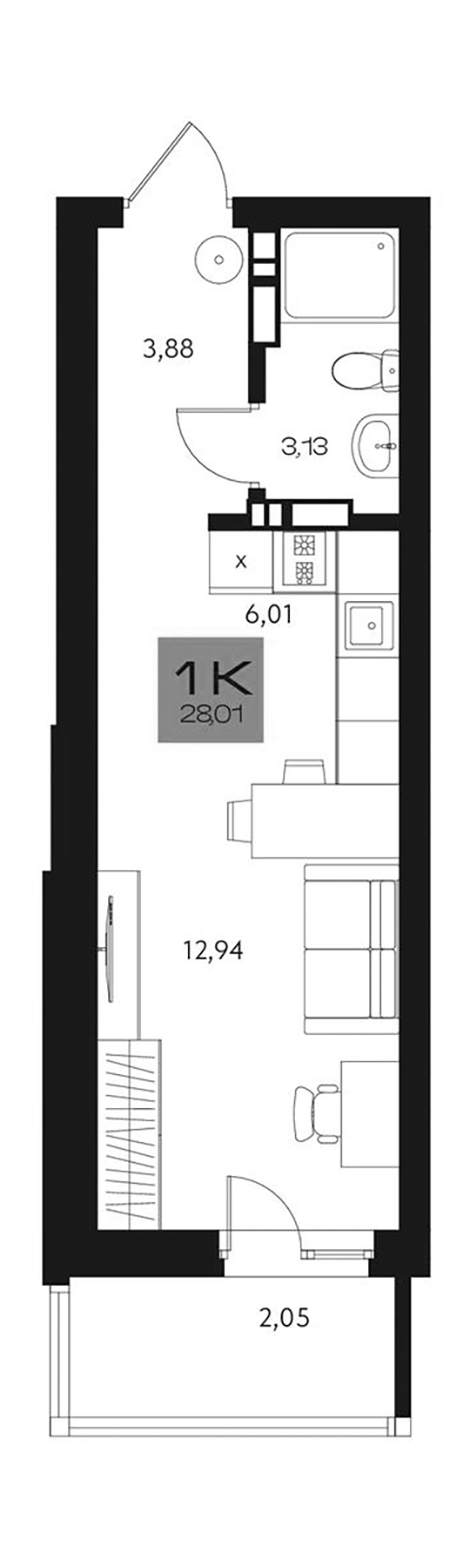 Планировка студия 25.96 м² в ЖК «Параграф. Томск»