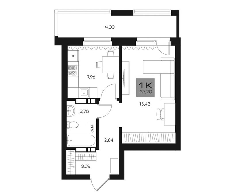 Планировка 1-к.кв 33.67 м² в ЖК «Параграф. Томск»