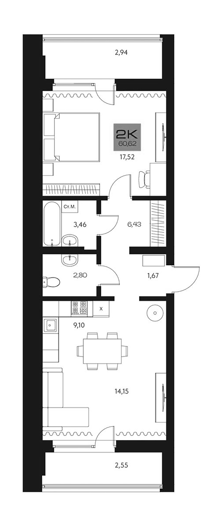 Планировка 2е-к.кв 55.13 м² в ЖК «Параграф. Томск»