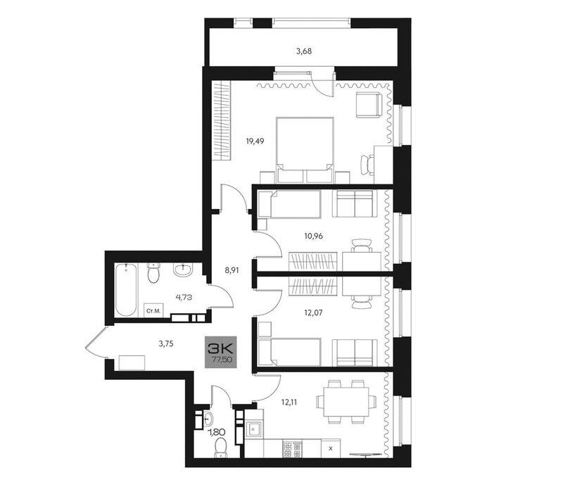 Планировка 3-к. квартира 73.82 м² в ЖК «Параграф. Томск»