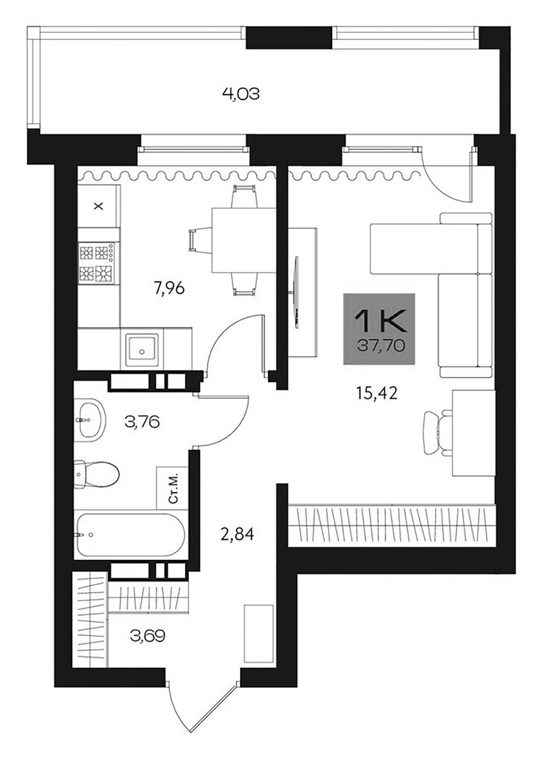 Планировка 1-к. квартира 33.67 м² в ЖК «Параграф. Томск»