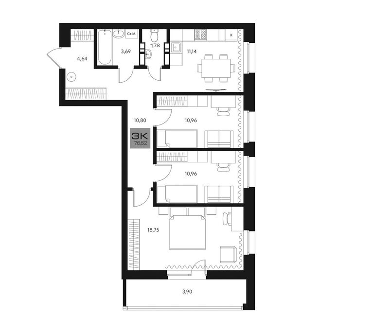 Планировка 3-к. квартира 72.72 м² в ЖК «Параграф. Томск»