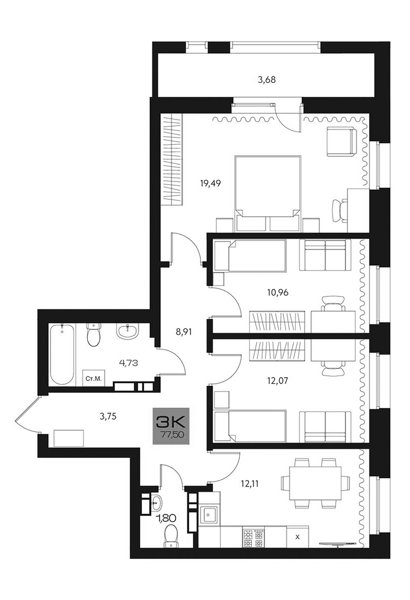 Планировка 3-к. квартира 73.82 м² в ЖК «Параграф. Томск»