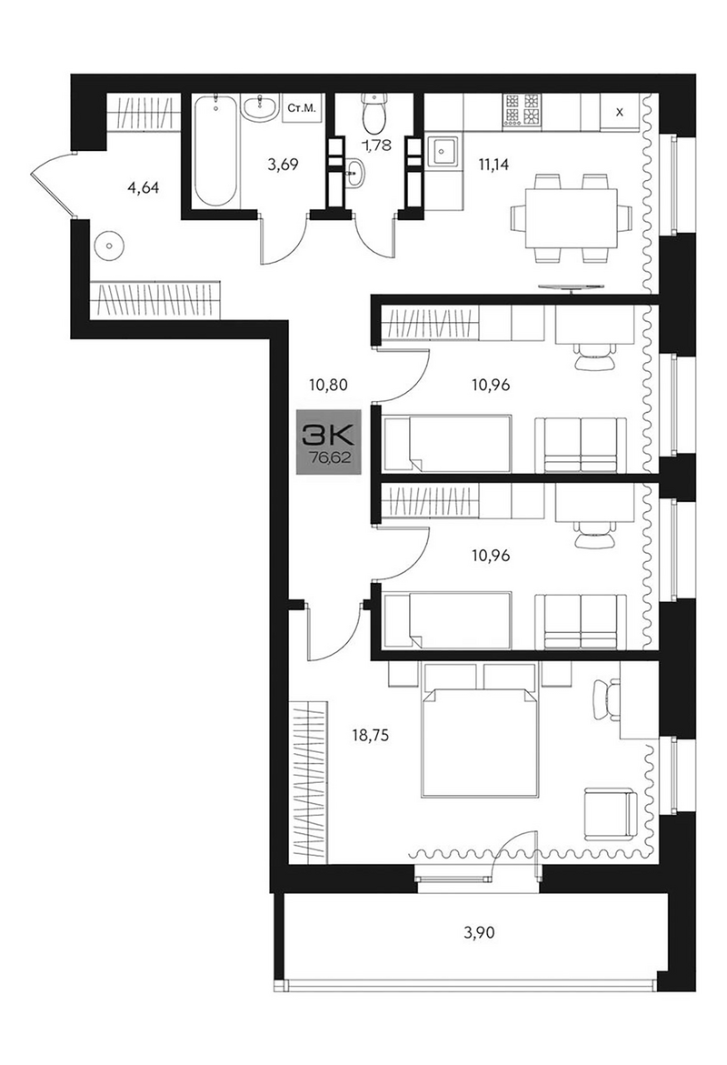 Планировка 3-к. квартира 72.72 м² в ЖК «Параграф. Томск»