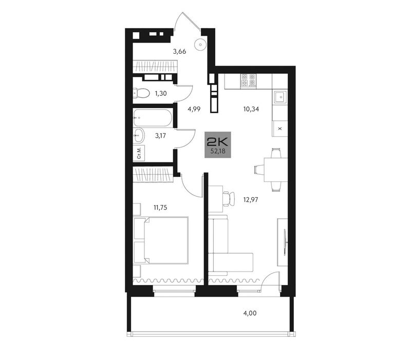 Планировка 2е-к. квартира 48.18 м² в ЖК «Параграф. Томск»