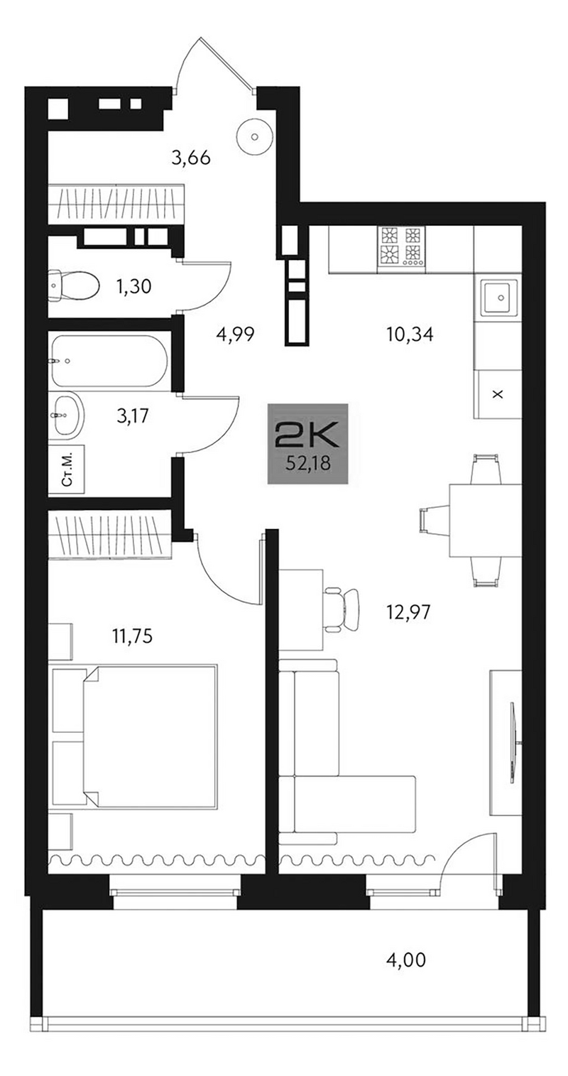 Планировка 2е-к. квартира 48.18 м² в ЖК «Параграф. Томск»