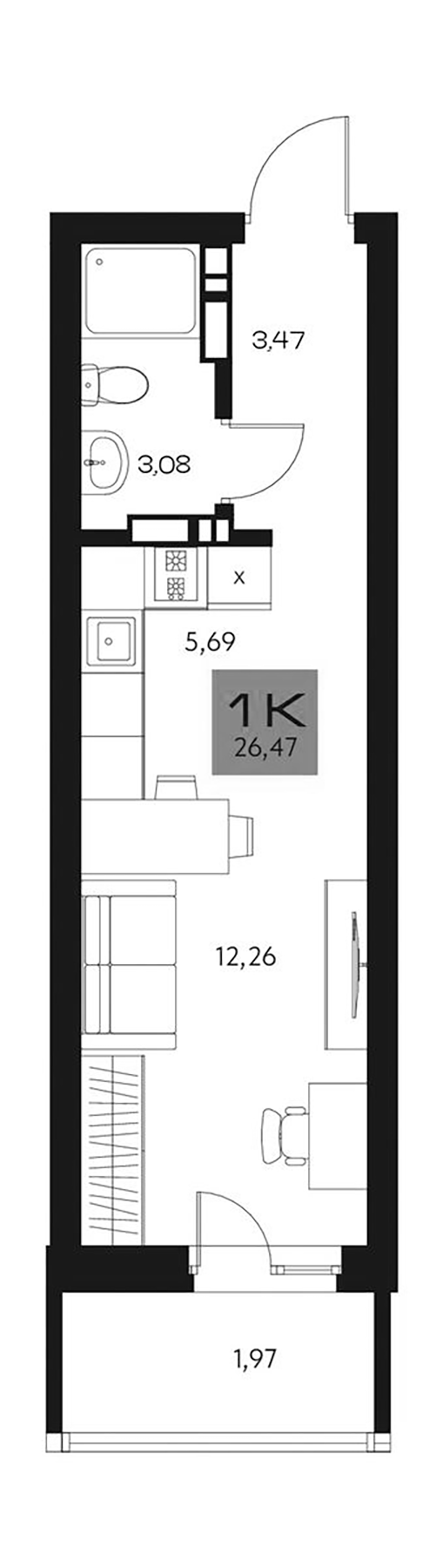 Планировка студия 24.50 м² в ЖК «Параграф. Томск»
