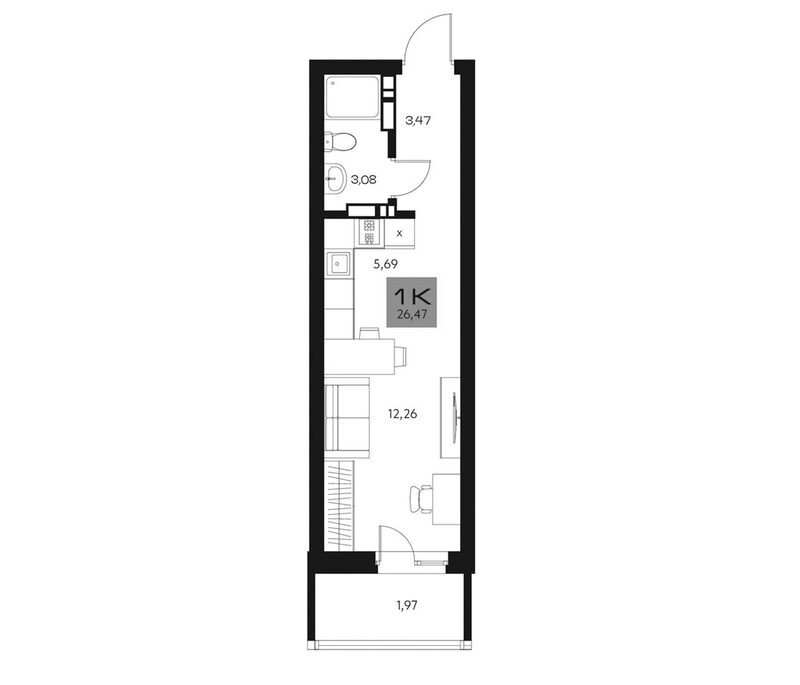 Планировка студии 24.50 м² в ЖК «Параграф. Томск»