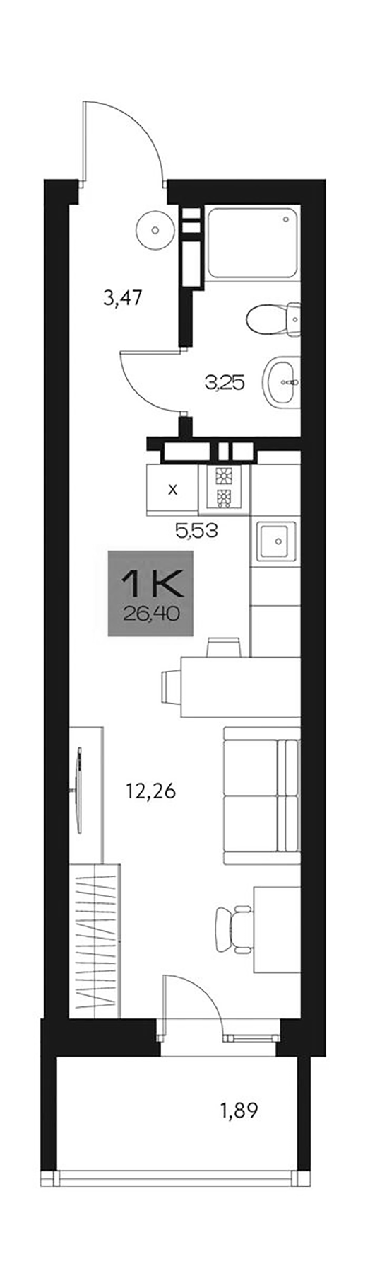 Планировка студия 24.51 м² в ЖК «Параграф. Томск»