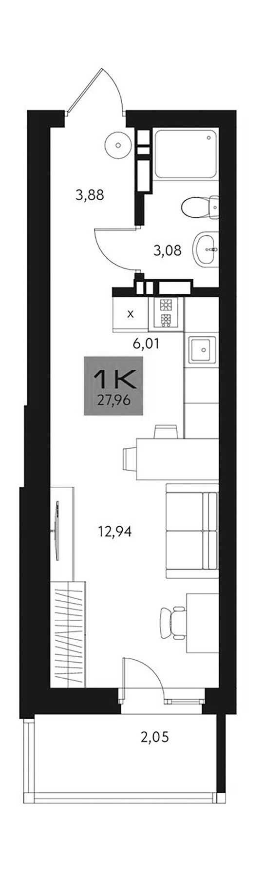 Планировка студии 25.91 м² в ЖК «Параграф. Томск»