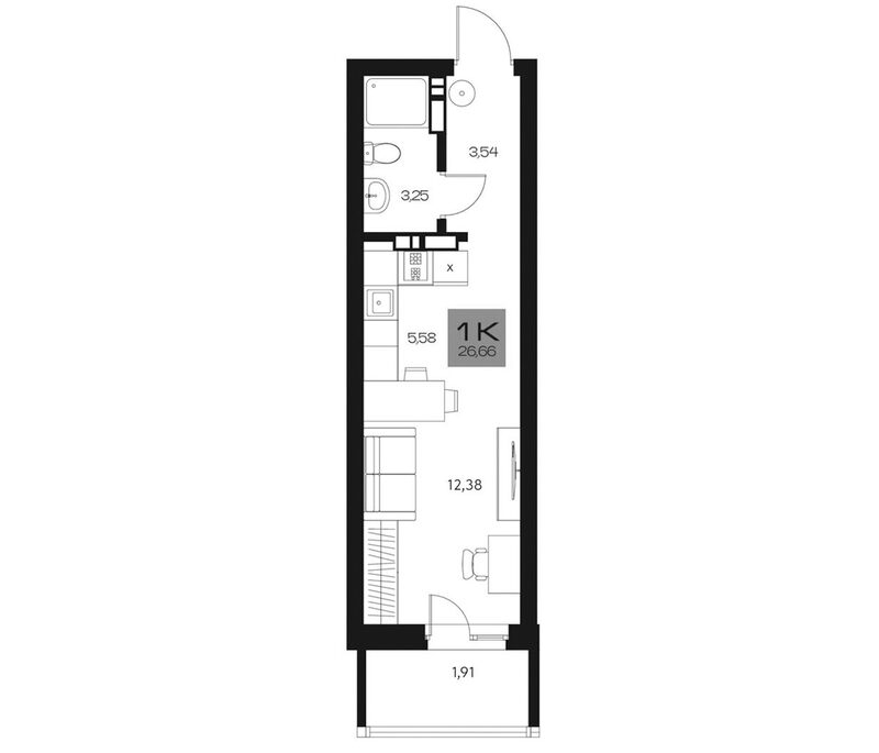 Планировка студии 24.75 м² в ЖК «Параграф. Томск»