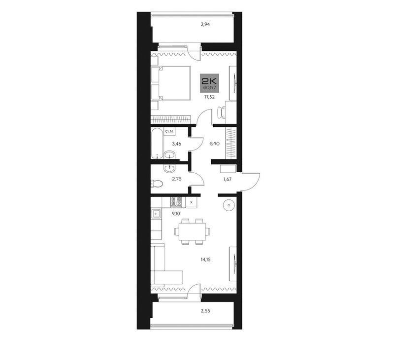 Планировка 2е-к.кв 55.08 м² в ЖК «Параграф. Томск»