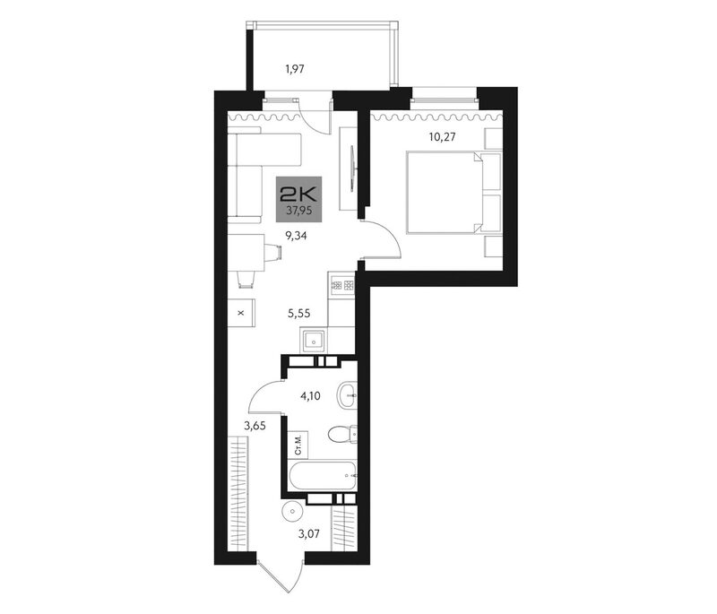 Планировка 2е-к.кв 35.98 м² в ЖК «Параграф. Томск»