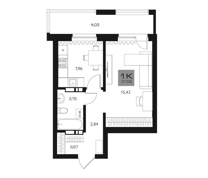 Планировка 1-к.кв 33.65 м² в ЖК «Параграф. Томск»