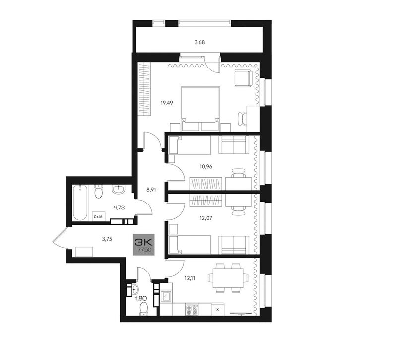 Планировка 3-к.кв 73.82 м² в ЖК «Параграф. Томск»