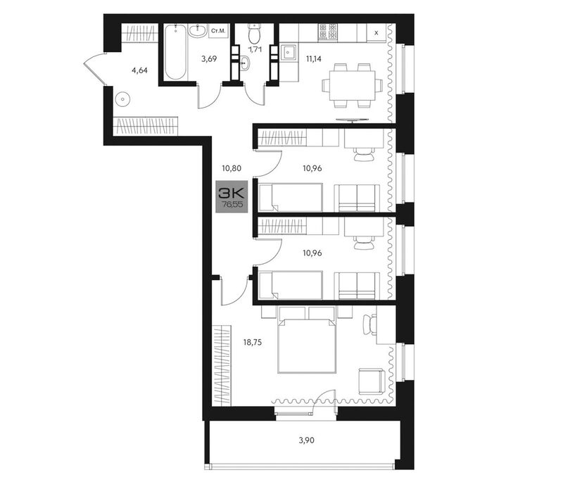 Планировка 3-к. квартира 72.65 м² в ЖК «Параграф. Томск»