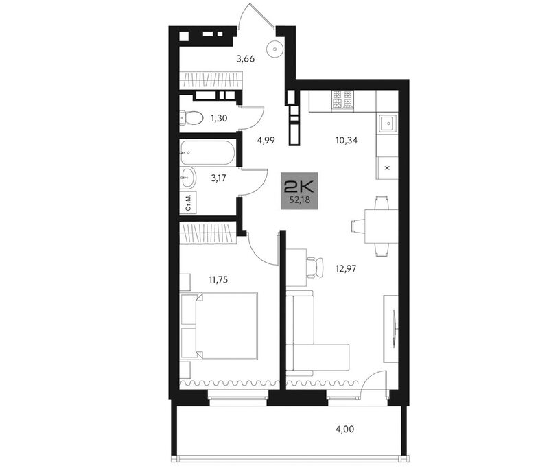 Планировка 2е-к.кв 48.18 м² в ЖК «Параграф. Томск»