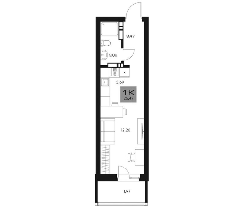 Планировка студия 24.50 м² в ЖК «Параграф. Томск»