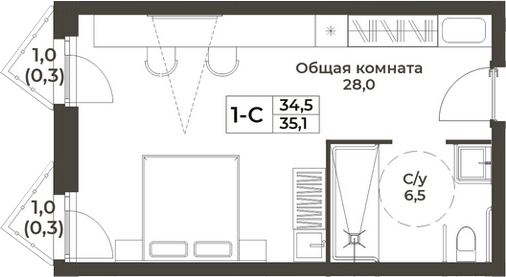 Планировка студия 34.50 м² в ЖК «RIZALTA РЕЗОРТ БЕЛОКУРИХА»