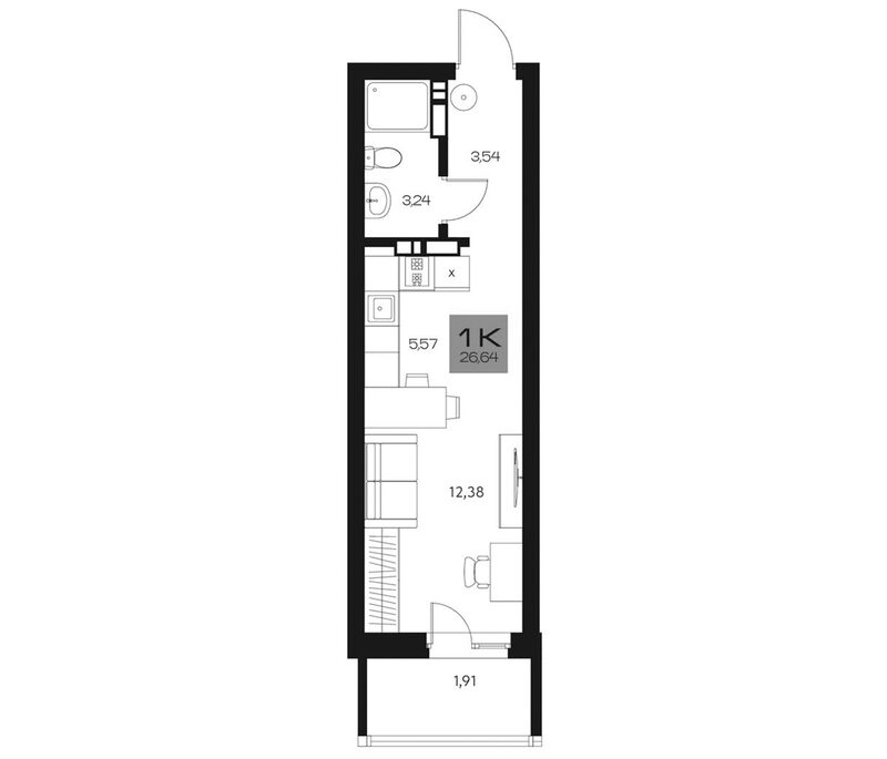 Планировка студии 24.73 м² в ЖК «Параграф. Томск»